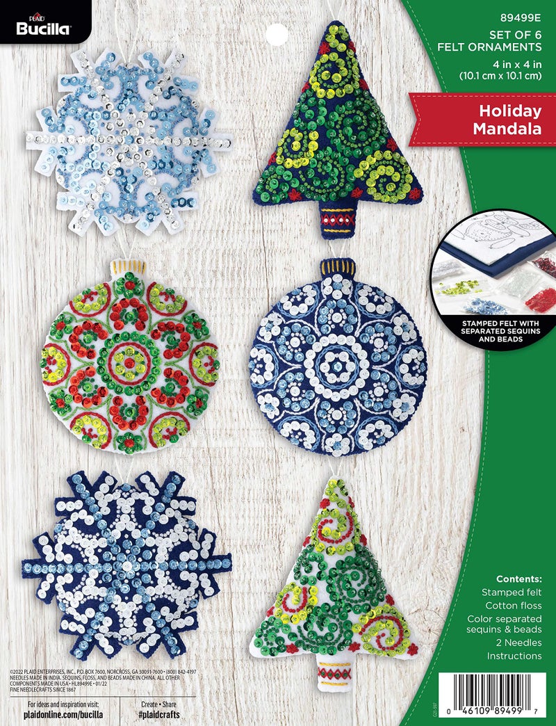 Bucilla Bucilla Felt Applique 6 Piece Ornament Making Kit Mandala Christmas Perfect for DIY Arts and Crafts 89499E 