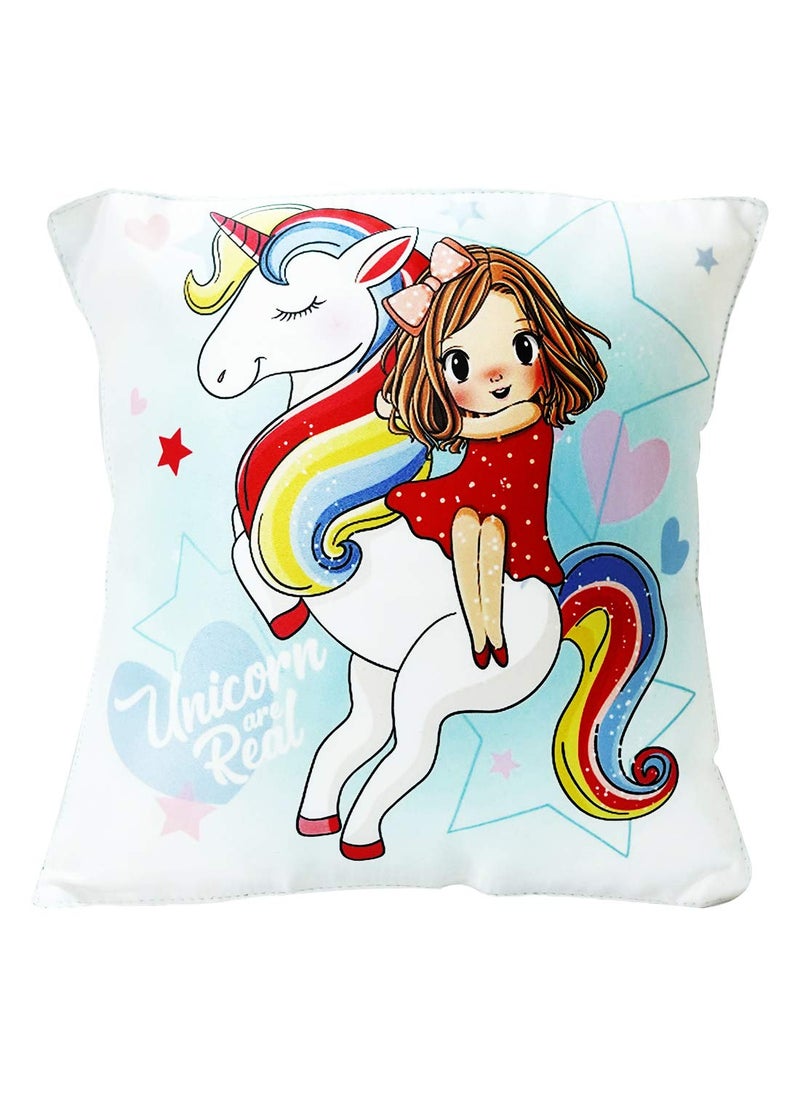 MONK MATTERS Monk Matters Micro Satin Fabric Unicorn are Real Printed Girl Sitting on Cushion Cover with Fillers 12x12 Inches Multicolour  - Image 1
