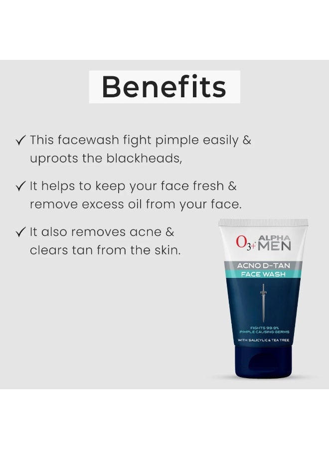 O3+ ALPHA MEN Acno D-TAN Face Wash with Tea Tree 100g for Oily Skin | Detan Face Wash for TAN Removal | Removes Acne and Dirt - Image 2