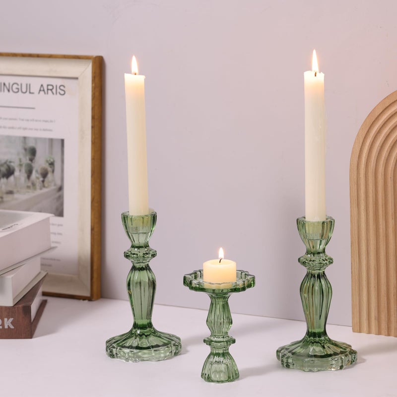 Simeitol Green Candlestick Holders Set of 6, Taper Candle Holders, 4.3" H & 6.3" H Glass Candle Holder for Candlesticks & Pillar Candles, Candle Holder for Wedding and Dining Table Decor - Image 3