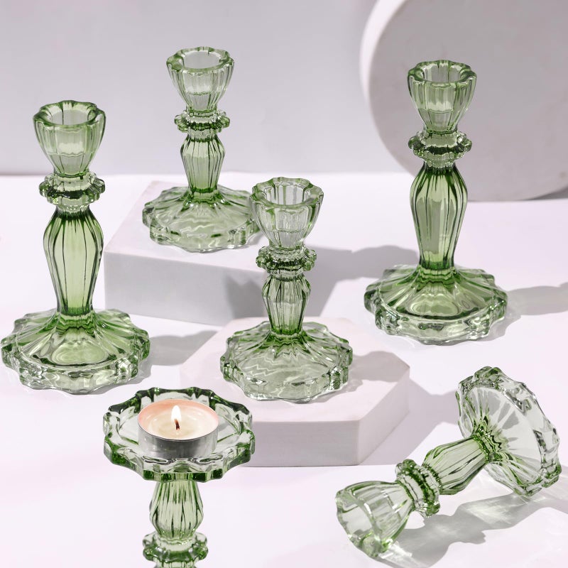 Simeitol Green Candlestick Holders Set of 6, Taper Candle Holders, 4.3" H & 6.3" H Glass Candle Holder for Candlesticks & Pillar Candles, Candle Holder for Wedding and Dining Table Decor - Image 1