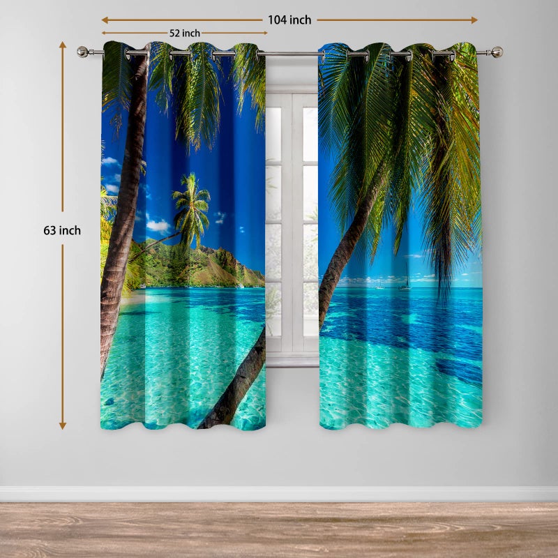Jekeno Ocean Palm Tree Tree Stertains Tropical Beach موضوع شاطئ البحر Clear Sea Seaside Scanery Print Grommet Window Decord لغرفة النوم غرفة معيشة زرقاء 2 "مجموعة" x63 "" - Image 2