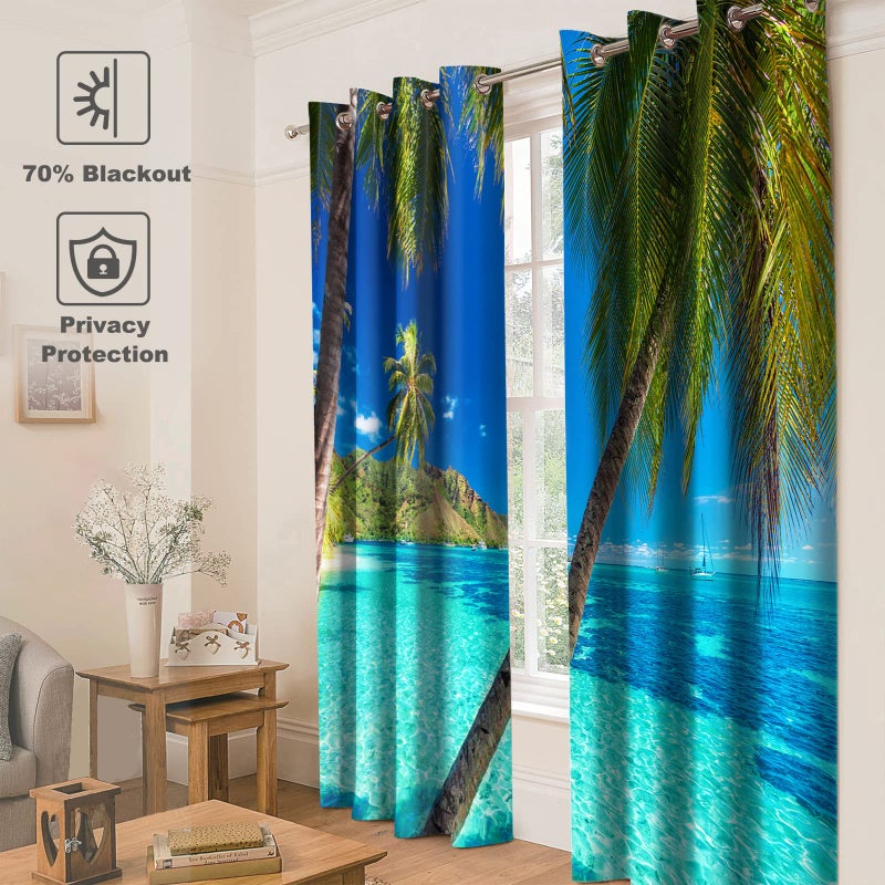 Jekeno Ocean Palm Tree Tree Stertains Tropical Beach موضوع شاطئ البحر Clear Sea Seaside Scanery Print Grommet Window Decord لغرفة النوم غرفة معيشة زرقاء 2 "مجموعة" x63 "" - Image 4