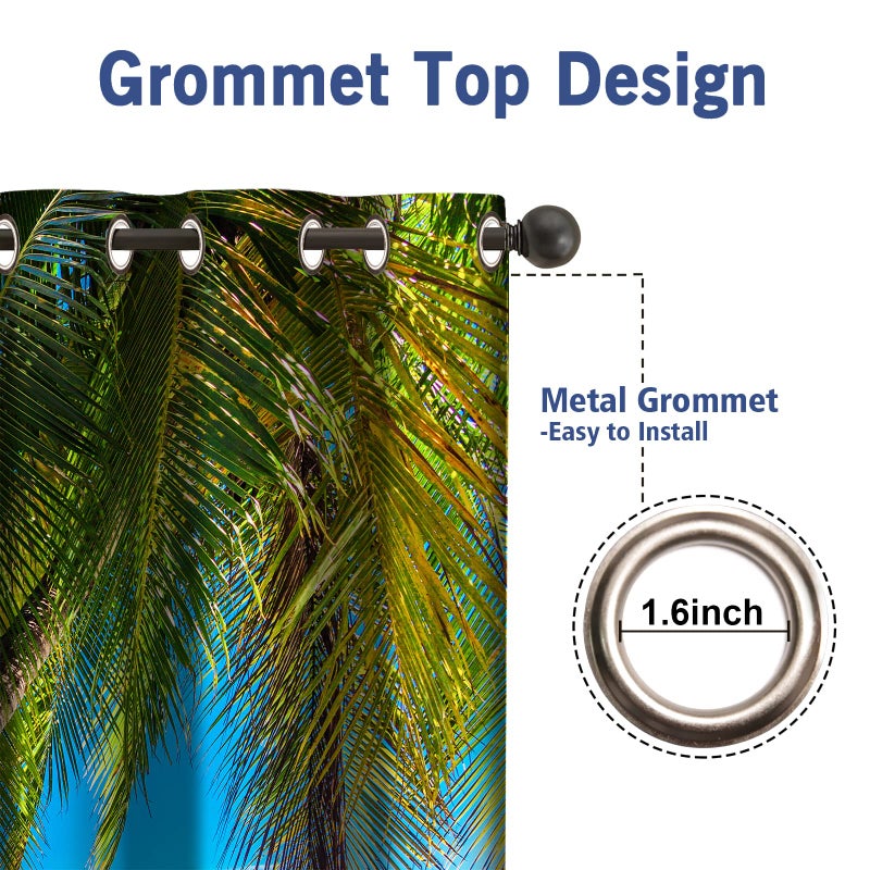 Jekeno Ocean Palm Tree Tree Stertains Tropical Beach موضوع شاطئ البحر Clear Sea Seaside Scanery Print Grommet Window Decord لغرفة النوم غرفة معيشة زرقاء 2 "مجموعة" x63 "" - Image 5