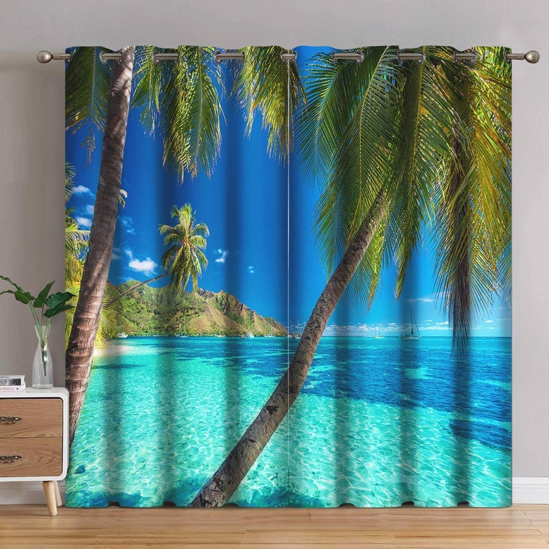 Jekeno Ocean Palm Tree Tree Stertains Tropical Beach موضوع شاطئ البحر Clear Sea Seaside Scanery Print Grommet Window Decord لغرفة النوم غرفة معيشة زرقاء 2 "مجموعة" x63 "" - Image 1
