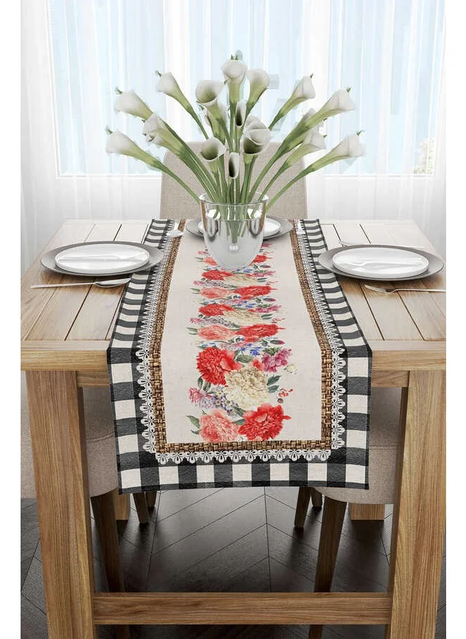 Cango Home Black and White Checkered Floral Patterned Digital Printed Runner CGH1092-RN