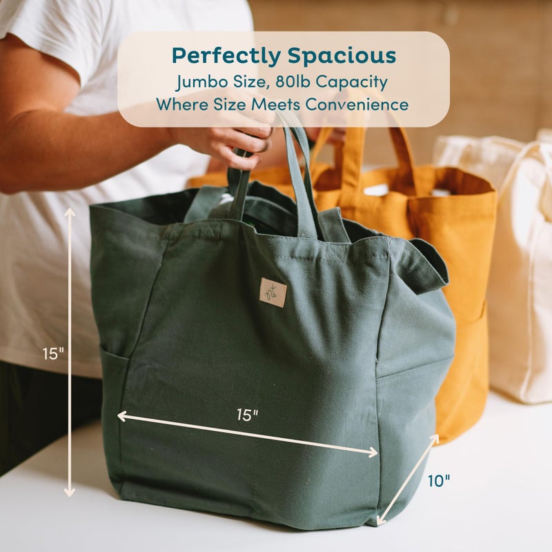 Nook Theory 3-Pack Reusable Grocery Bags - Heavy Duty, Large 12 Oz Cotton Canvas Reusable Shopping Bags With Pockets, 100% Cotton Cloth Grocery Totes, Foldable Multi Compartment (Black) - Image 5