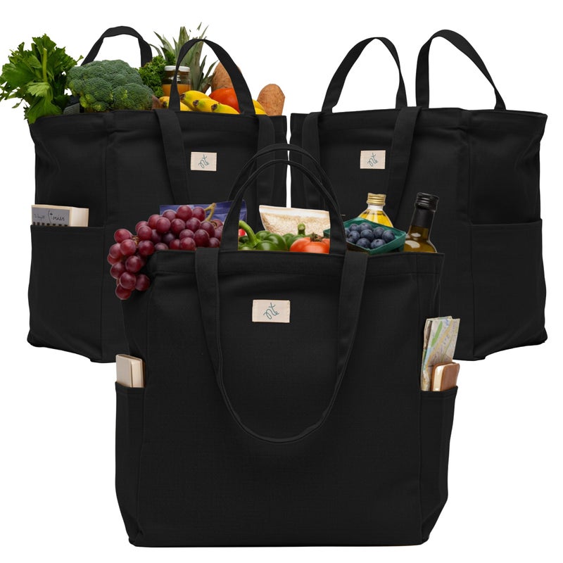 Nook Theory 3-Pack Reusable Grocery Bags - Heavy Duty, Large 12 Oz Cotton Canvas Reusable Shopping Bags With Pockets, 100% Cotton Cloth Grocery Totes, Foldable Multi Compartment (Black) - Image 1