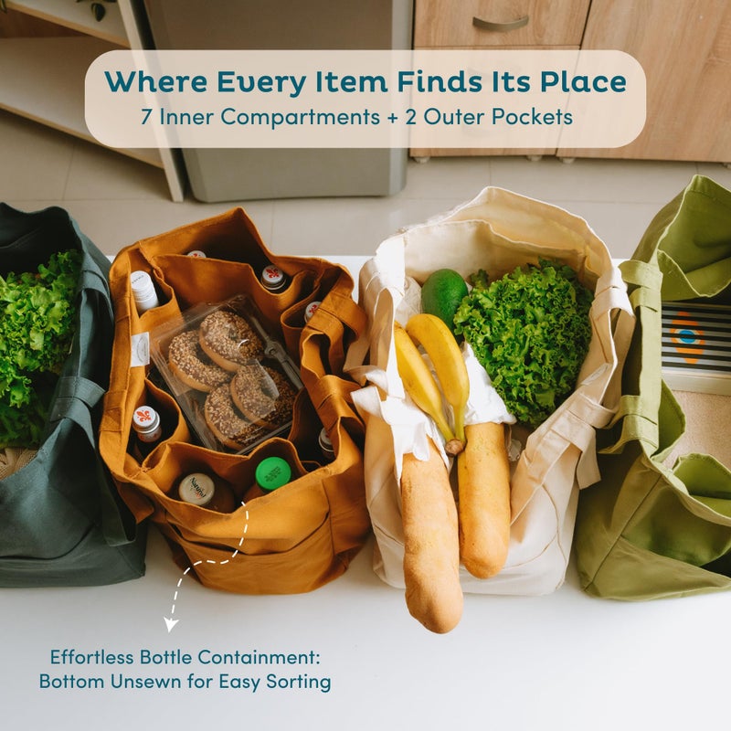 Nook Theory 3-Pack Reusable Grocery Bags - Heavy Duty, Large 12 Oz Cotton Canvas Reusable Shopping Bags With Pockets, 100% Cotton Cloth Grocery Totes, Foldable Multi Compartment (Black) - Image 4