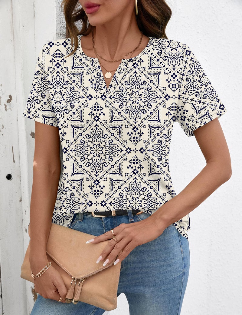 LOMON Tops for Women Short Sleeve V Neck Spring Clothes Teacher Shirts Business Casual Blouses (White Black Floral, XXL) - Image 4