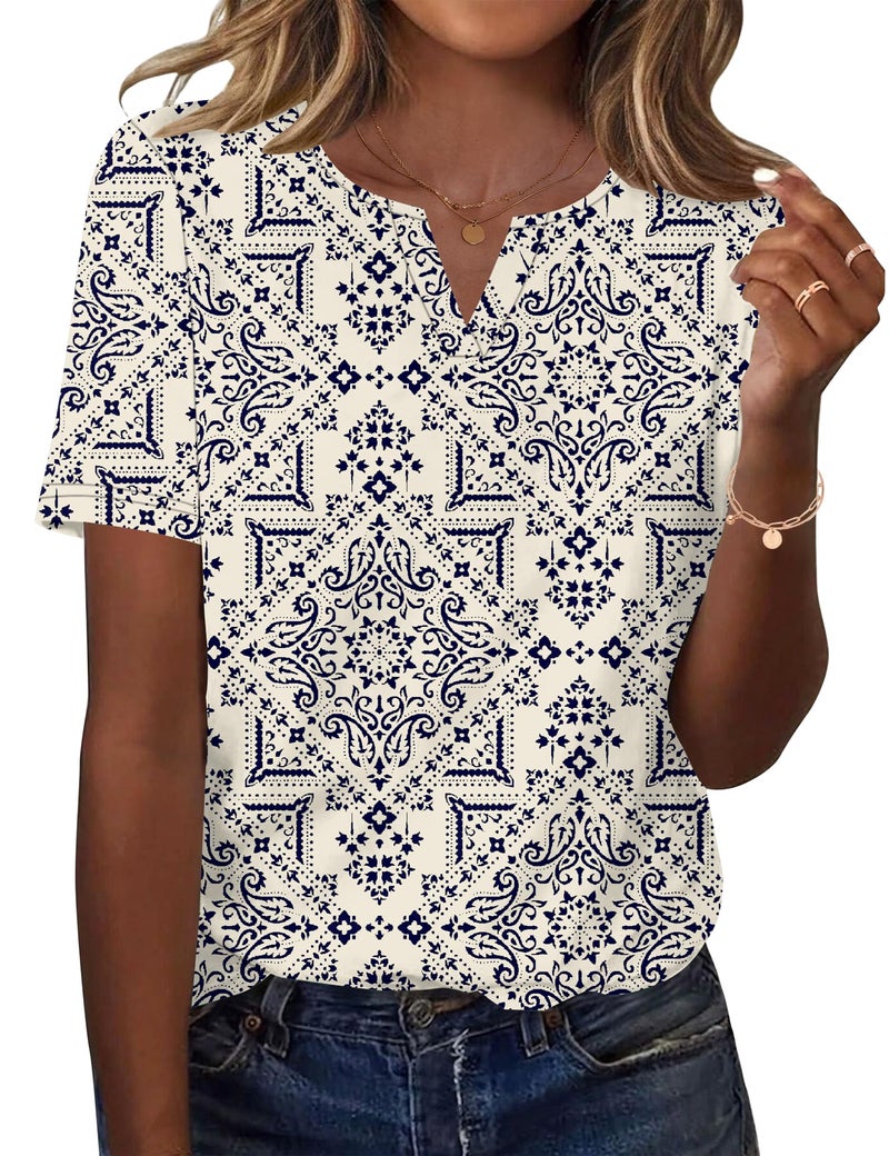 LOMON Tops for Women Short Sleeve V Neck Spring Clothes Teacher Shirts Business Casual Blouses (White Black Floral, XXL) - Image 1