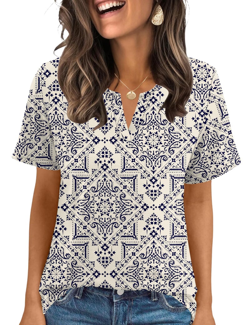 LOMON Tops for Women Short Sleeve V Neck Spring Clothes Teacher Shirts Business Casual Blouses (White Black Floral, XXL) - Image 2