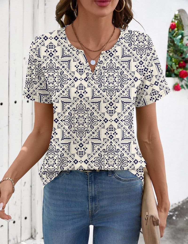 LOMON Tops for Women Short Sleeve V Neck Spring Clothes Teacher Shirts Business Casual Blouses (White Black Floral, XXL) - Image 3