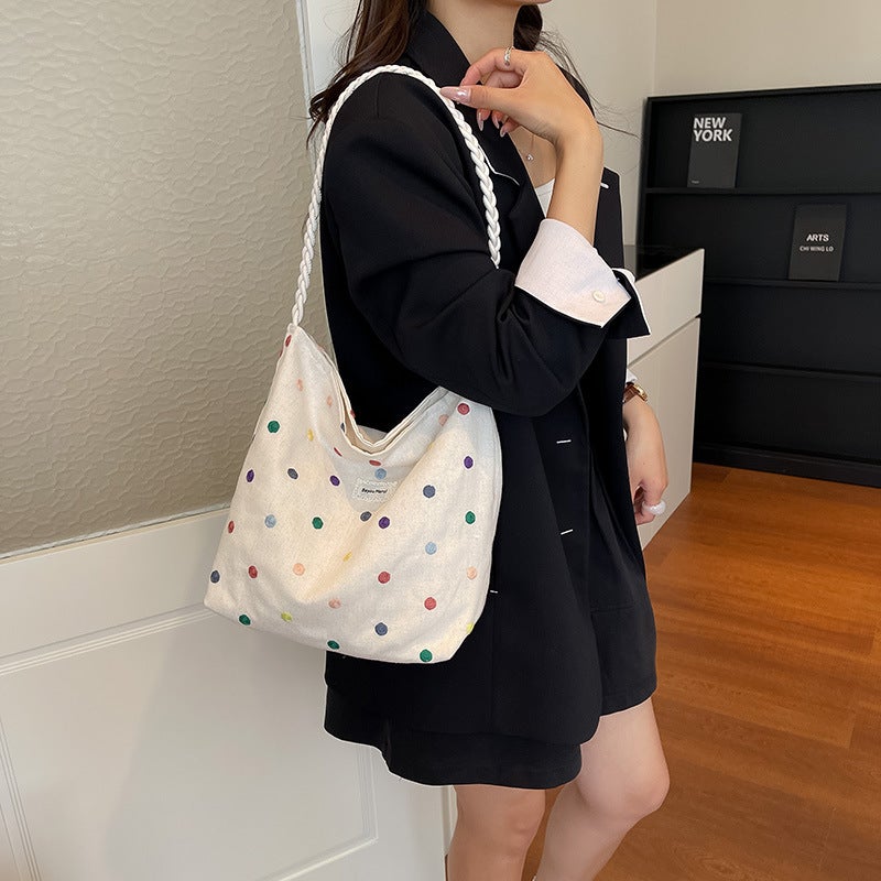 Canvas Bucket Bag with Floral Embroidery, Lace Trim, and Shoulder Strap - Image 4