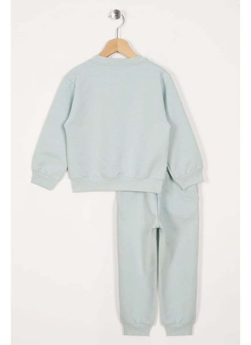 أكار Crew Neck Long Sleeve Daisy Embroidered Almond Green Color Girl Tracksuit