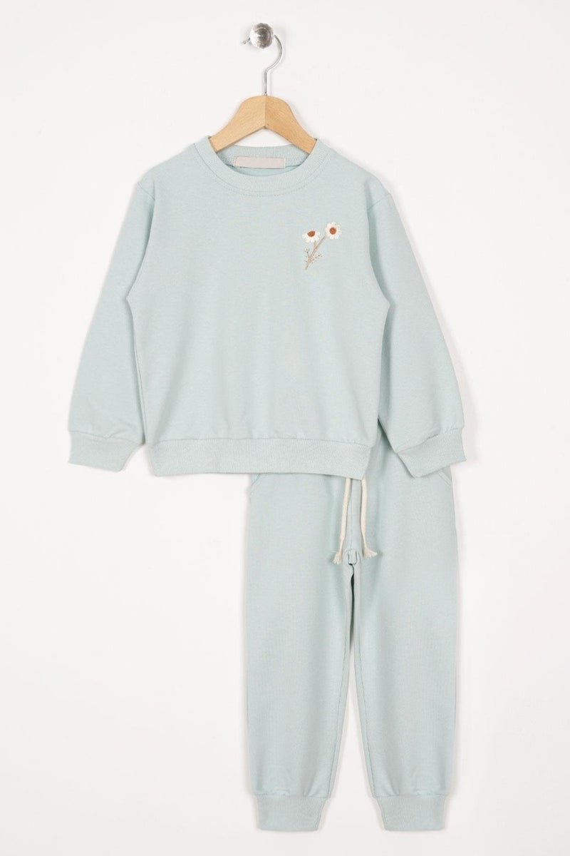 Acar Crew Neck Long Sleeve Daisy Embroidered Almond Green Color Girl Tracksuit - Image 1