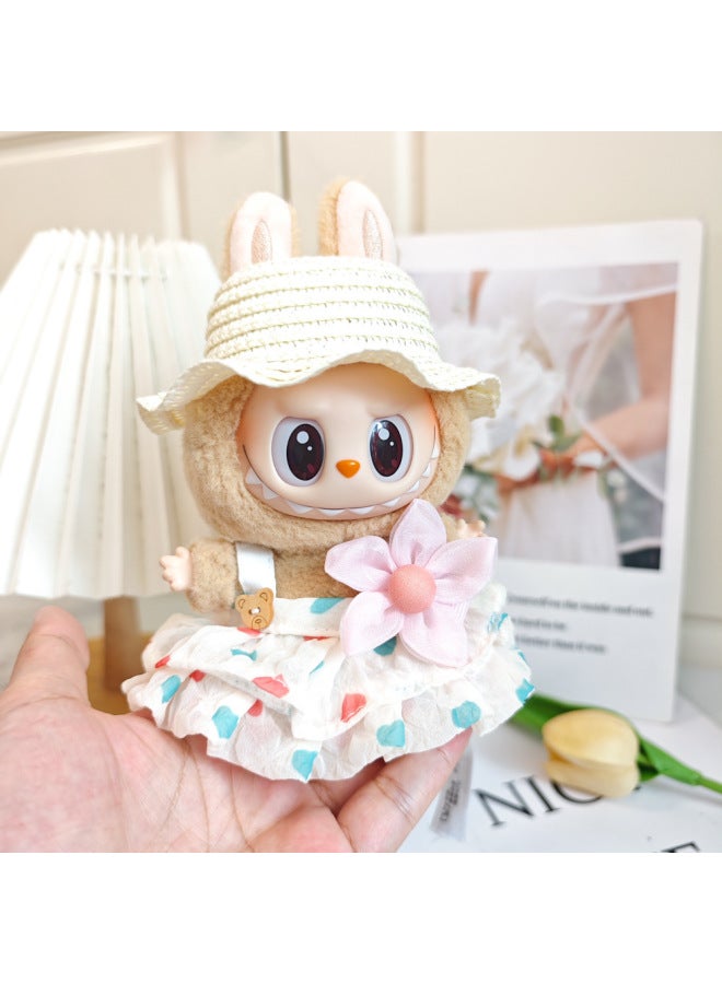 Labubu LABUBU Sit Party Second Generation Vinyl Doll Clothes Summer Straw Hat With Sling Dress-Specifications:First Generation And Second Generation Pull Cloth Pendant Wear-Color:Red Love Skirt + Small Flower Hair Accessories + Wavy Straw Hat (excluding Baby)  - Image 1