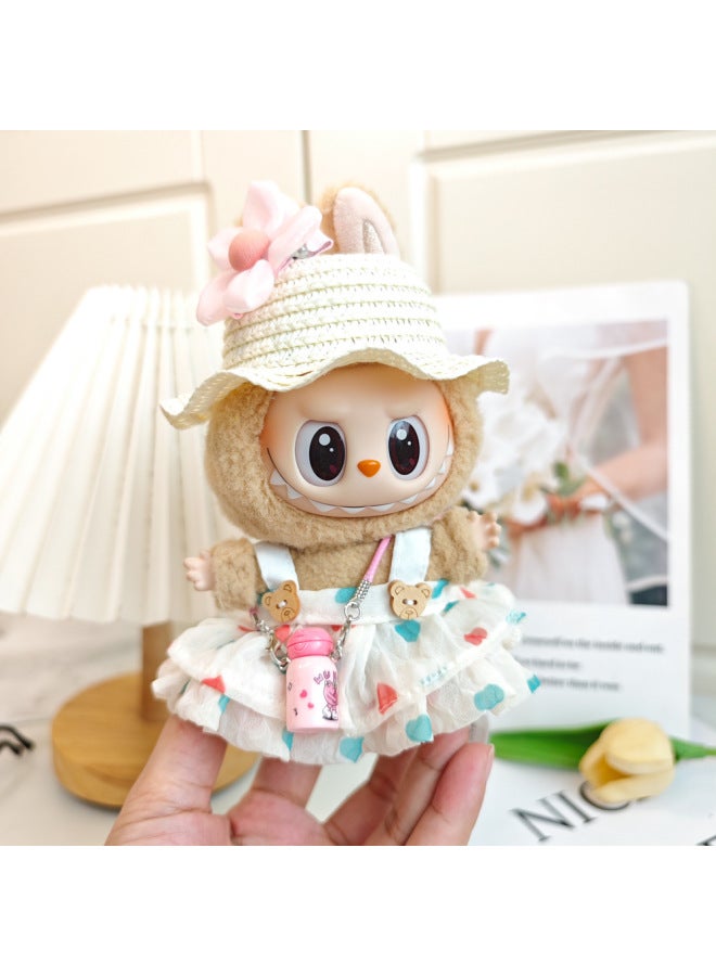Labubu LABUBU Sit Party Second Generation Vinyl Doll Clothes Summer Straw Hat With Sling Dress-Specifications:First Generation And Second Generation Pull Cloth Pendant Wear-Color:Red Love Skirt + Small Flower Hair Accessories + Wavy Straw Hat (excluding Baby)  - Image 5