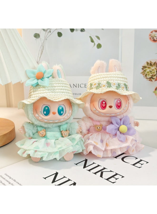Labubu LABUBU Sit Party Second Generation Vinyl Doll Clothes Summer Straw Hat With Sling Dress-Specifications:First Generation And Second Generation Pull Cloth Pendant Wear-Color:Red Love Skirt + Small Flower Hair Accessories + Wavy Straw Hat (excluding Baby)  - Image 2