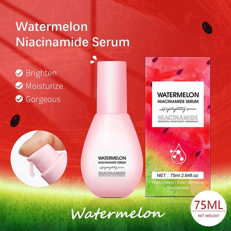 Yeweian Watermelon Niacinamide Moisturize Serum for Face Skin Care, Hydrating & Brighten with Hyaluronic Acid, Glycerin and Vitamin E, Lightweight Facial Serum & Priming Liquid Highlighter(75ml) - Image 2