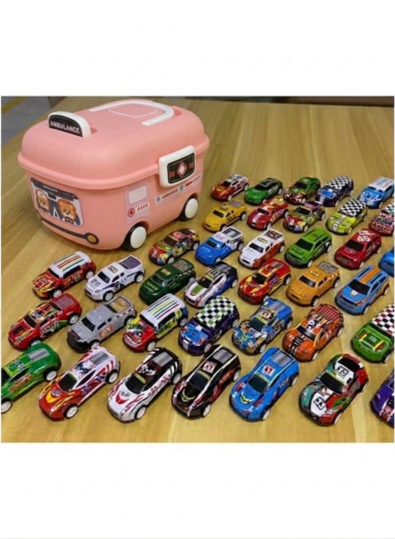 50pcs Mini Racing Toy Cars Set - High-Speed Plastic Vehicles with Portable Storage Carrier Case - Ultimate Adventure Gift Pack for Kids