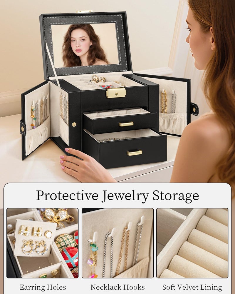 TORIBIO Jewelry Box for Women, Leather Jewelry Organizer with Mirror & Lock, 3-Tier Jewelry Storage Organizer with 2 Drawers for Girls/Women/Mothers, Necklace Earring Bracelets Holder Organizer - Image 5