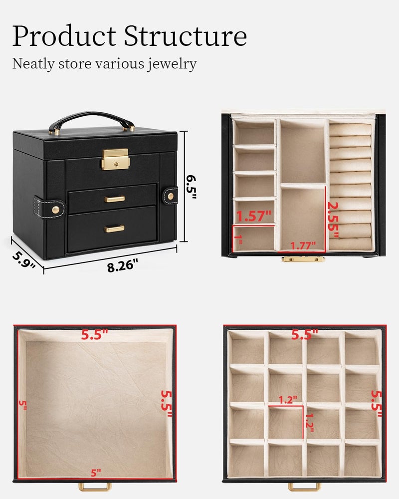 TORIBIO Jewelry Box for Women, Leather Jewelry Organizer with Mirror & Lock, 3-Tier Jewelry Storage Organizer with 2 Drawers for Girls/Women/Mothers, Necklace Earring Bracelets Holder Organizer - Image 2