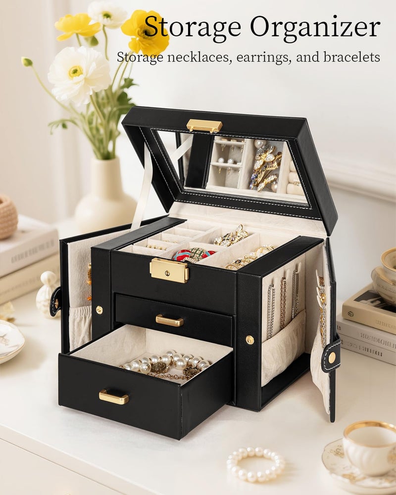 TORIBIO Jewelry Box for Women, Leather Jewelry Organizer with Mirror & Lock, 3-Tier Jewelry Storage Organizer with 2 Drawers for Girls/Women/Mothers, Necklace Earring Bracelets Holder Organizer - Image 3