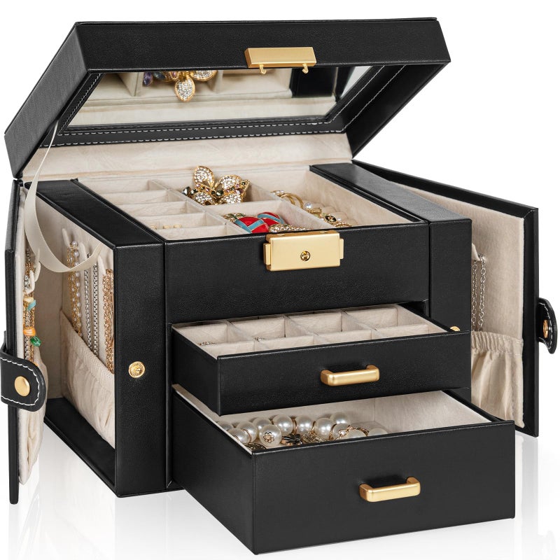 TORIBIO Jewelry Box for Women, Leather Jewelry Organizer with Mirror & Lock, 3-Tier Jewelry Storage Organizer with 2 Drawers for Girls/Women/Mothers, Necklace Earring Bracelets Holder Organizer - Image 1