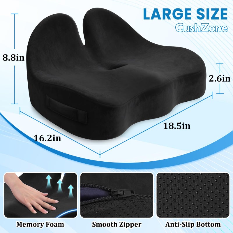 CushZone Seat Cushion, Ergonomic Memory Foam Seat Cushions for Office Chairs, Car, Long Trip, Desk Chair, Lab, Extra Large Size for Sciatica & Hip & Tailbone Pain Relief, Sciatica Support (Black) - Image 2