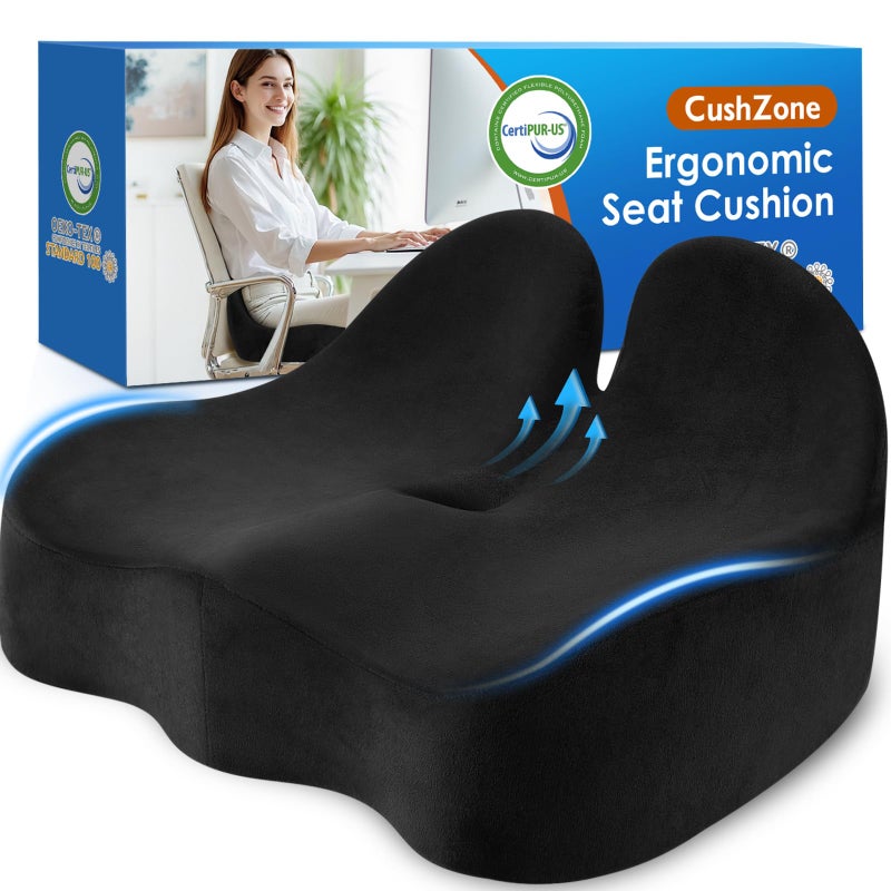 CushZone Seat Cushion, Ergonomic Memory Foam Seat Cushions for Office Chairs, Car, Long Trip, Desk Chair, Lab, Extra Large Size for Sciatica & Hip & Tailbone Pain Relief, Sciatica Support (Black) - Image 1