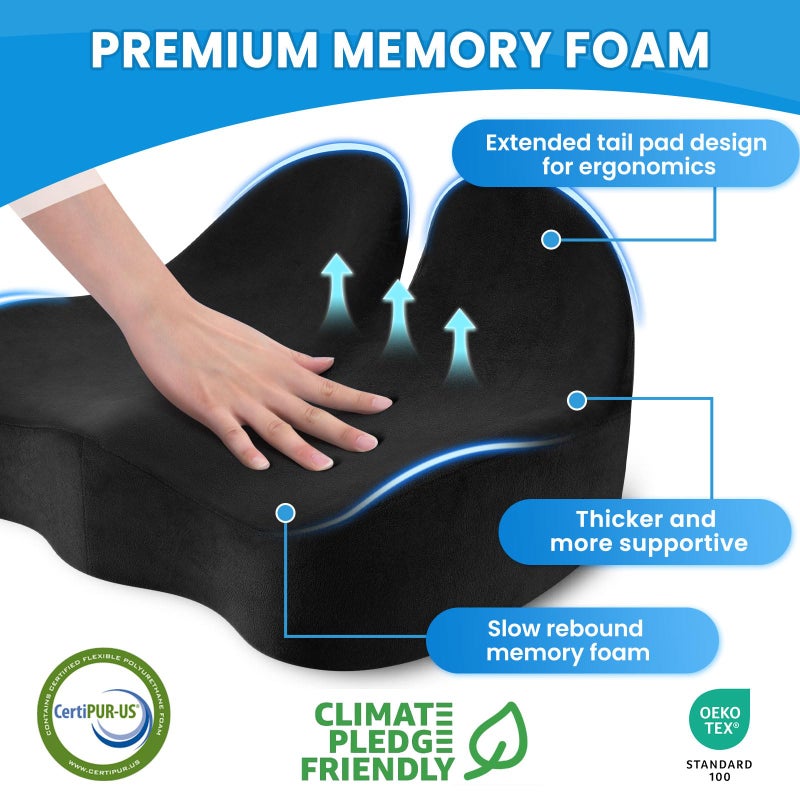 CushZone Seat Cushion, Ergonomic Memory Foam Seat Cushions for Office Chairs, Car, Long Trip, Desk Chair, Lab, Extra Large Size for Sciatica & Hip & Tailbone Pain Relief, Sciatica Support (Black) - Image 3