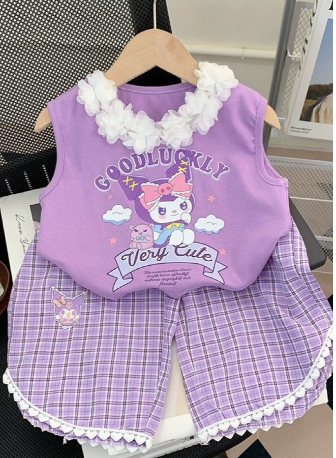 kuromi Children's Summer Dress Girl Set Cartoon Kulomi Top Pants 2 Piece Set 6-8 Years Old (130cm) - Image 1