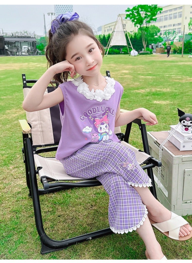 kuromi Children's Summer Dress Girl Set Cartoon Kulomi Top Pants 2 Piece Set 6-8 Years Old (130cm) - Image 2