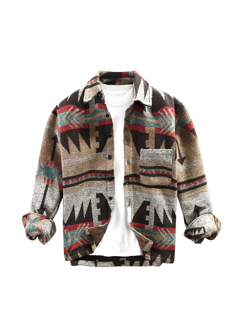 Generic - Autumn Winter Retro Patch Color Wool Shirt Coat for Men Deep coffee - Image 1