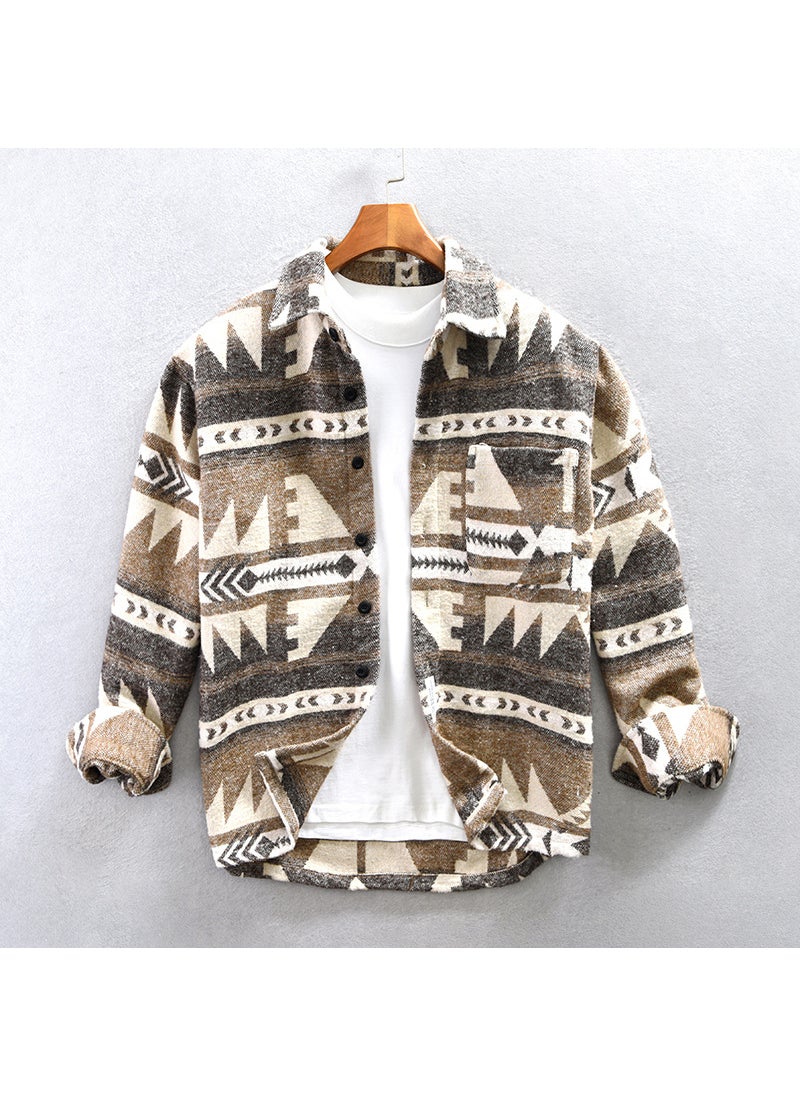 Generic - Autumn Winter Retro Patch Color Wool Shirt Coat for Men Deep coffee - Image 1