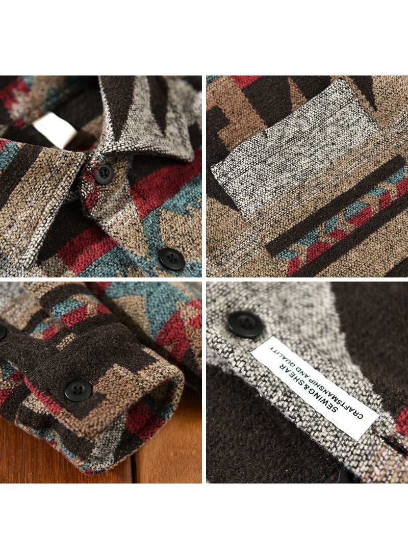 Generic - Autumn Winter Retro Patch Color Wool Shirt Coat for Men Deep coffee - Image 1