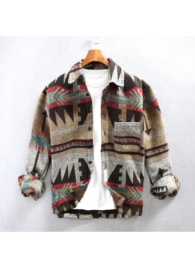 Generic - Autumn Winter Retro Patch Color Wool Shirt Coat for Men Deep coffee - Image 1