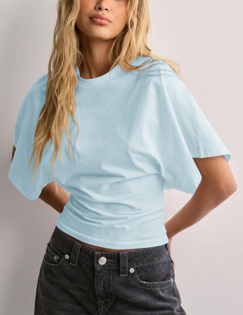 Lumister Shirts for Womens Crewneck Tighten Waist T-Shirt Casual Short Sleeve Workout Tops Solid Color Basic Tees(0781-Blue-M) - Image 4
