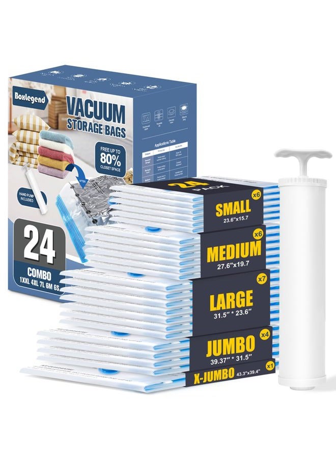 BOXLEGEND Vacuum Storage Bags with Large Hand Pump 24 Combo (1X-Jumbo, 4 Jumbo, 7 Large, 6 Medium, 6 Small) Thickened Vacuum Seal Bags for Clothing Blanket Pillow Comforters Bedding Quilt Coat - Image 1