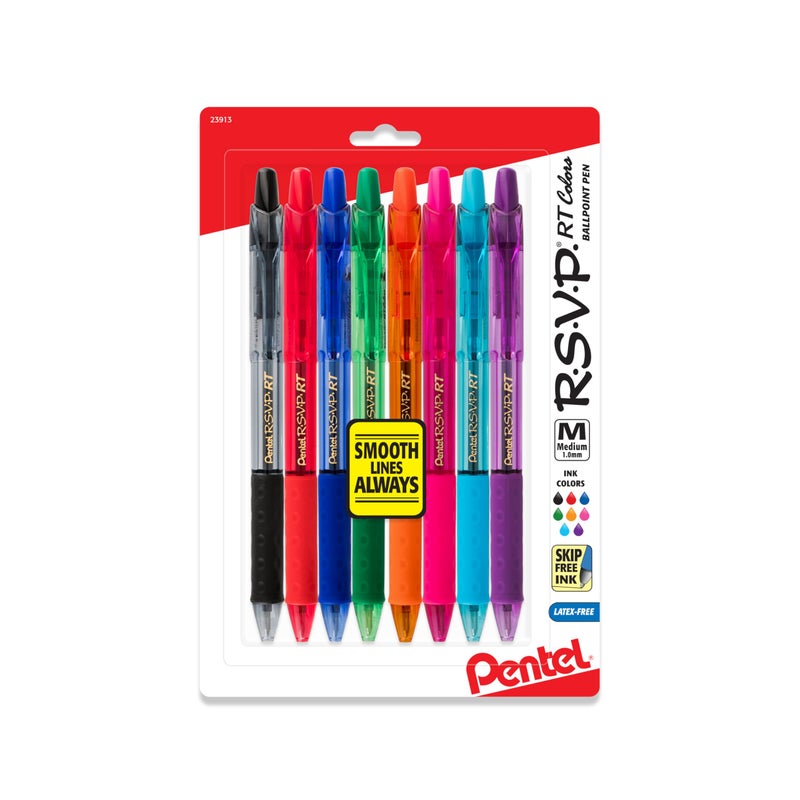 Pentel BK93CRBP8M R.S.V.P. RT Retractable Ballpoint Pen, 1mm, Clear Barrel, Assorted Ink, 8/Pack - Image 1