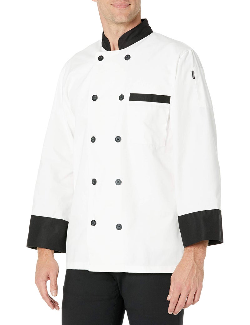 Chef Code Men's Classic 10 Black Button Long Sleeve Chef Coat, White, Small - Image 4