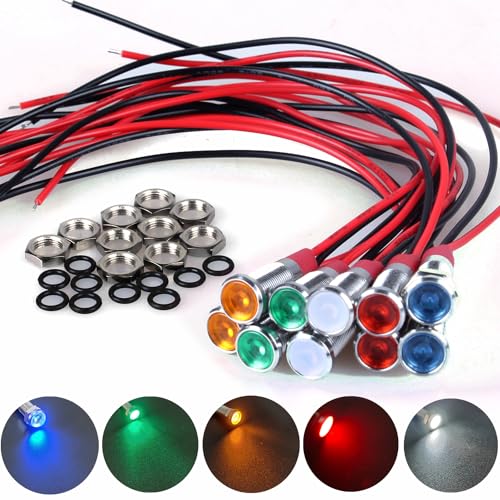 DMWD 10Pcs 6mm 14 LED Indicator Light 12V24V 20mA Waterproof Metal Wide Flat Head Signal Lamp Pilot Dash Directional with Wire White Red Yellow Blue Green2 - Image 1