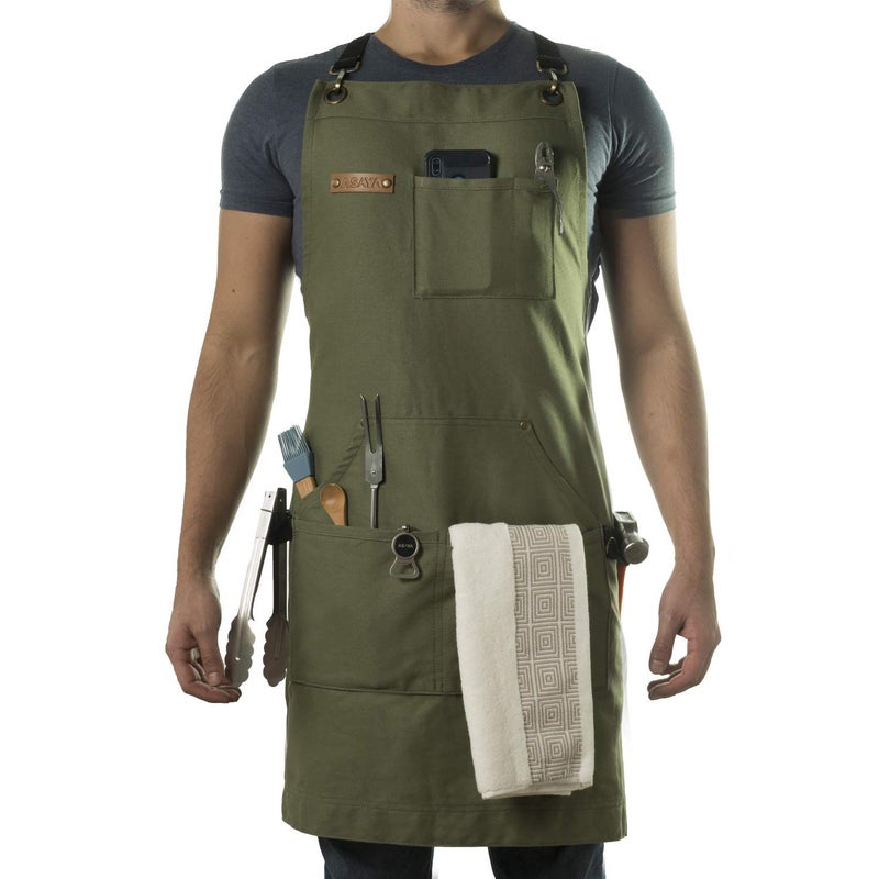 Asaya Chef BBQ and Work Apron with Bottle Opener and Hand Towel Durable 10oz Cotton Canvas Brass Hardware and Cross Back Straps For Men Women Grilling and Cooking Green