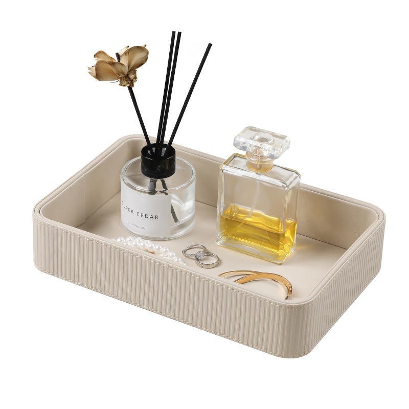 Cretkhp PU Leather Valet Tray Organizer, Modern Nightstand Organizer Bedside Desktop Storage for Womens and Men, Decorative Perfume Trinket Catchall Vanity Tray for Key Watch Wallet (Beige) - Image 1