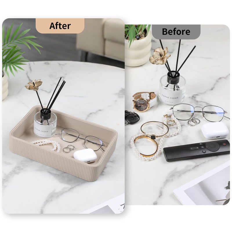 Cretkhp PU Leather Valet Tray Organizer, Modern Nightstand Organizer Bedside Desktop Storage for Womens and Men, Decorative Perfume Trinket Catchall Vanity Tray for Key Watch Wallet (Beige) - Image 3