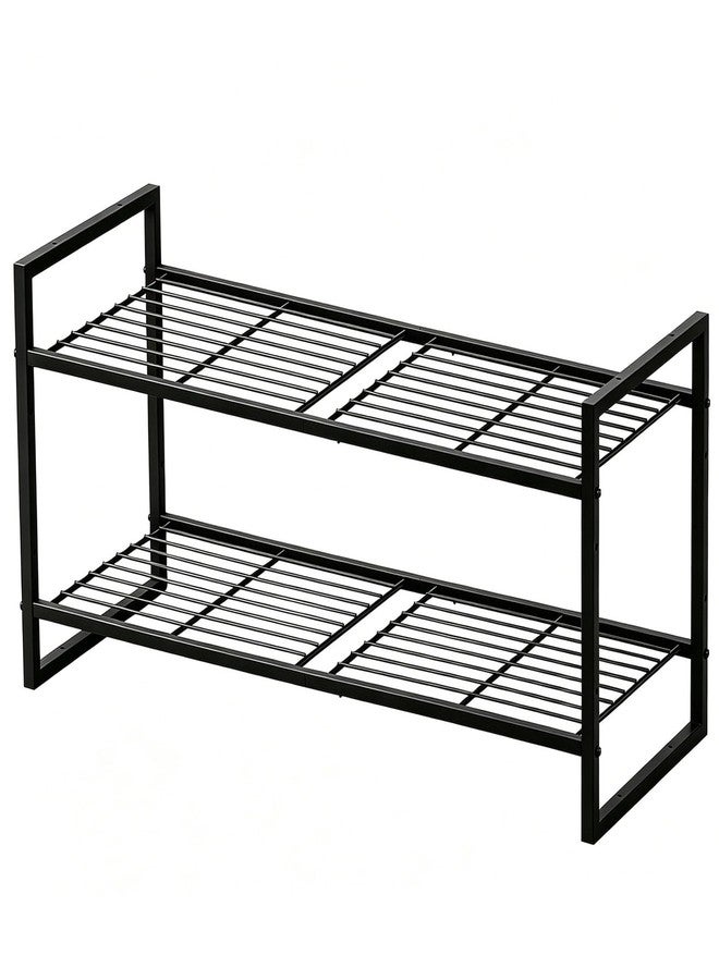 MWQ 2 Tier Shoe Rack 27" Wide, Metal Frame Shoe Organizer for Front Door Entrance, Stackable Shoes Storage Shelf for Entryway, Closet, Black - Image 1
