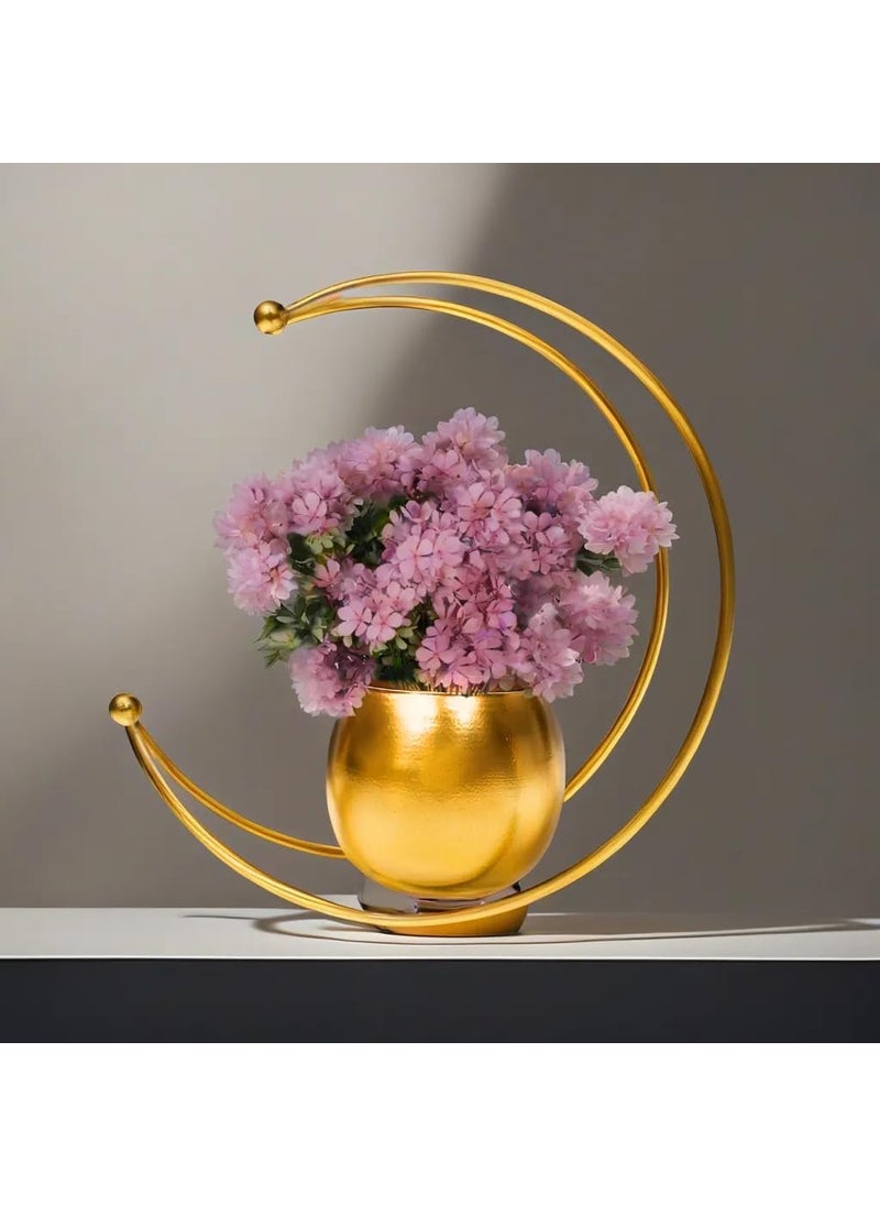 AT DECOR - AT DECOR Metal Geometric Design Vase with Gold Finish Table Decorative Flower Pot Gold - Image 1