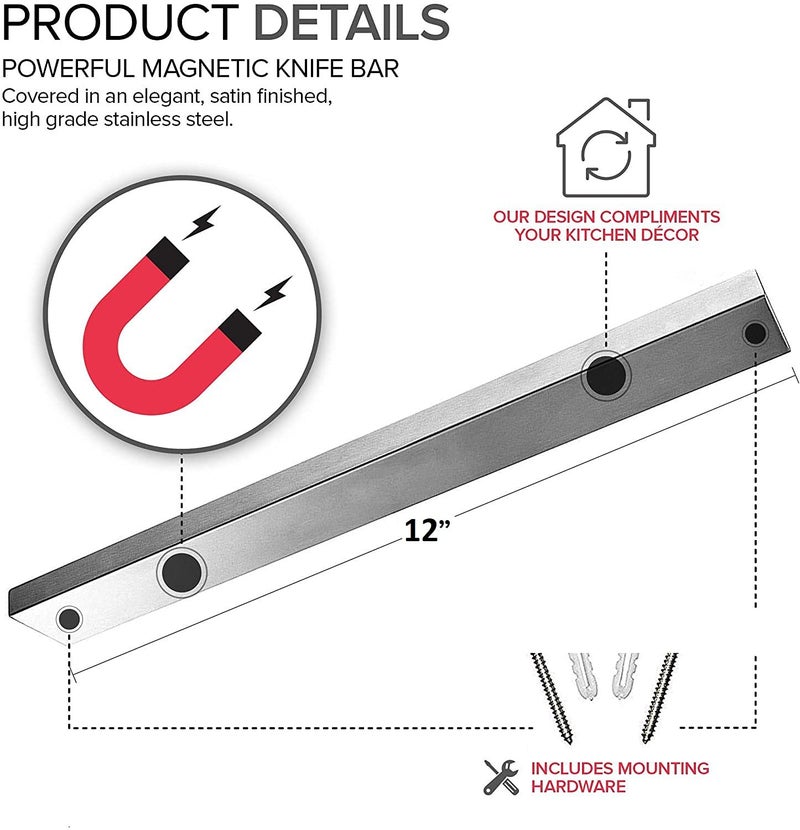 EzLife Stainless Steel Magnetic Knife Holder Magnetic Knife Strip Magnetic Knife Bar Rack Block for Kitchen Utensil Holder Art Supply Organizer Tool Holder 12 Inches 30 CM Stainless Steel - Image 3