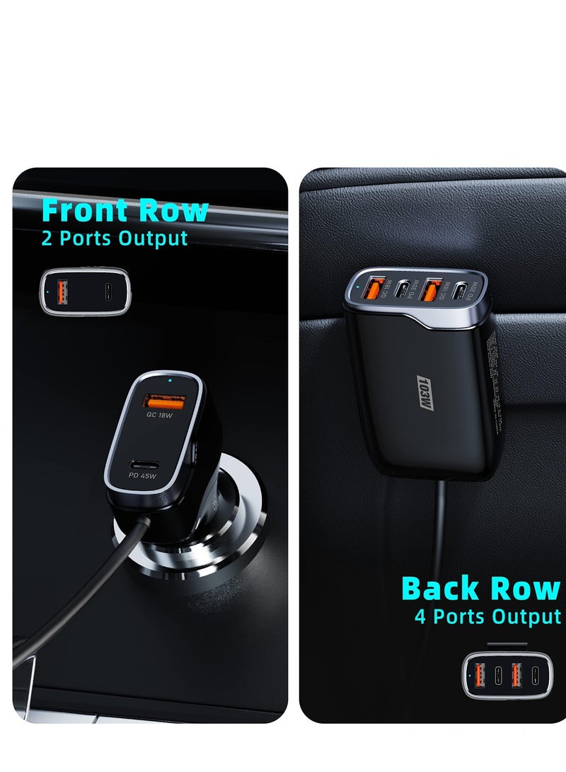 SYOSI 6 Multi Ports USB C Car Charger with PD/QC 3.0 Port, Compatible with 12-24V Vehicles, Max 103W Car Charger Adapter with 5.7FT Cable for Rear Seat Charging, Cigarette Lighter Splitter(Black) - Image 5